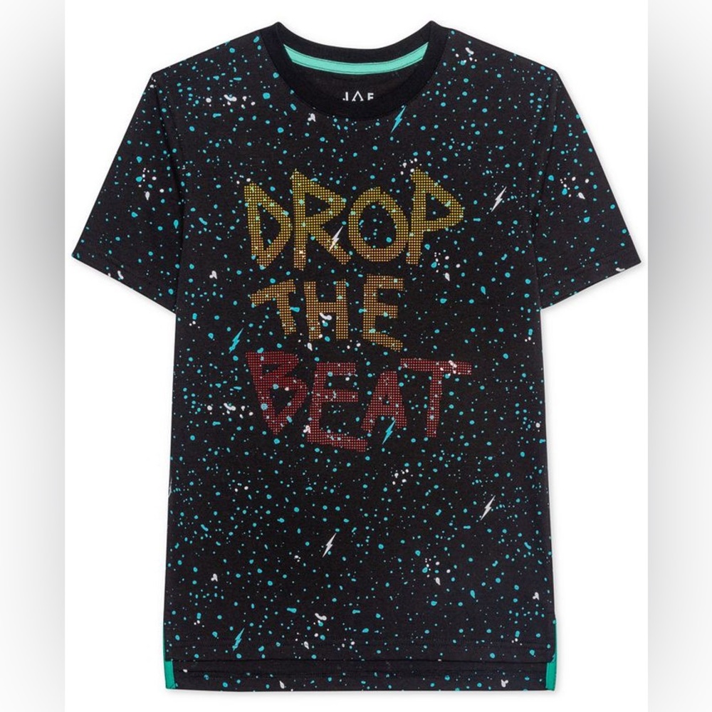 Jem Black/Turquoise “Drop The Beat” Graphic Appliqué Design T-Shirt Sz S